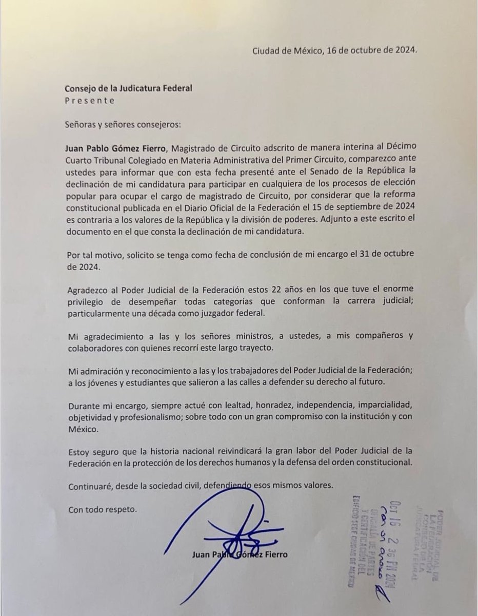 azucenau's tweet photo. #Relevante | Tras aparecer su nombre en la tómbola, el magistrado Juan Pablo Gómez Fierro (quien detuvo varias reformas de López Obrador y fue atacado por el expresidente) renuncia a su cargo a partir del 31 de octubre, al considerar que la #ReformaAlPoderJudicial es contraria a los valores de la República