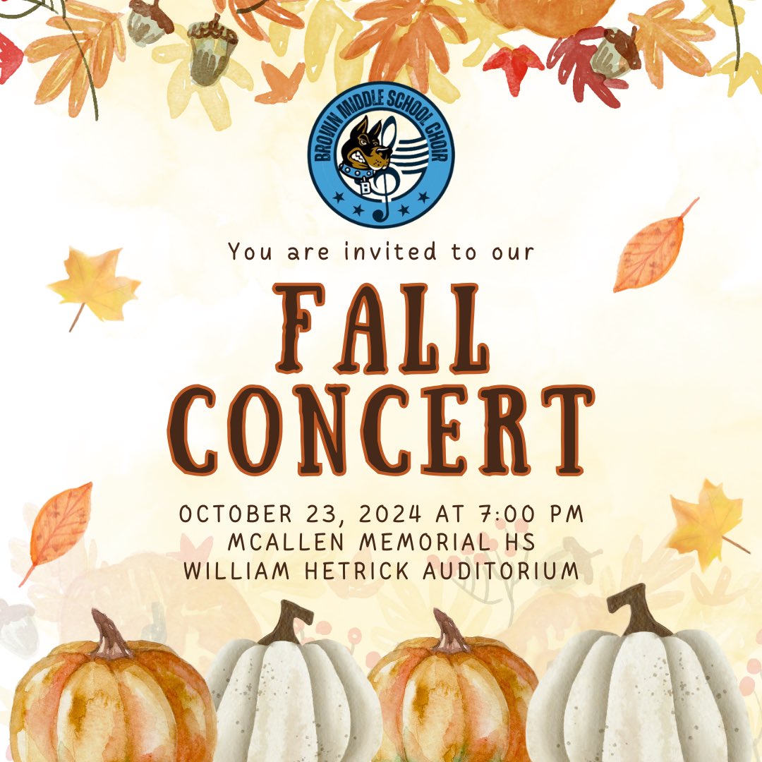 🍂Please join us at our first concert of the year!! Details below:

📅 Wednesday, 10/23/24 at 7 PM
📍 McAllen Memorial HS Auditorium
🎶 Students must report to the auditorium at 6:30 PM with their choir shirts, jeans &amp; closed-toe shoes! 👕 👖 👟