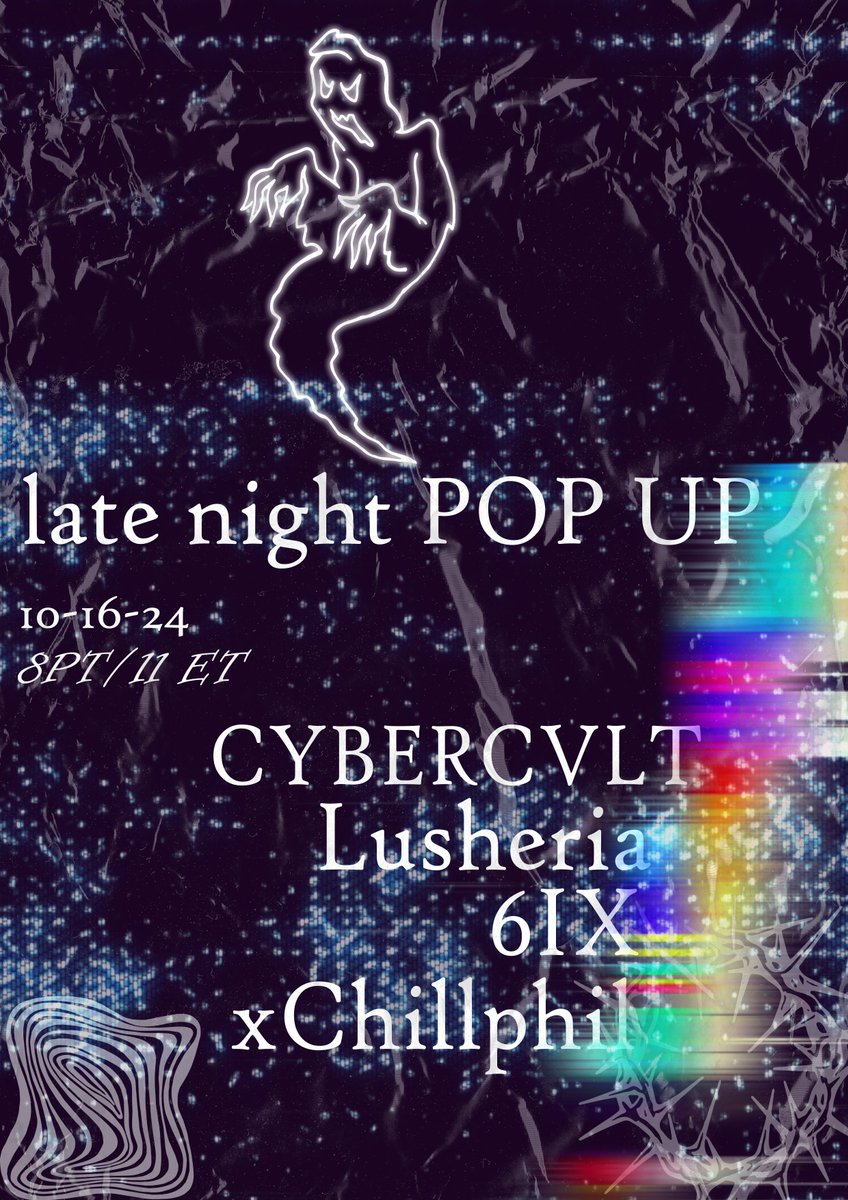 yo, listen, ya hear that?
LATE NIGHT POP UP TONIGHT &lt;t:1729134000:t&gt;
8PT - 30m sets
<a href="/cybercvltmusic/">cvlt</a> 
<a href="/LusheriaVR/">Lusheria</a> 
<a href="/6aigf/">6</a> 
<a href="/xChillphil/">xChillphil</a>