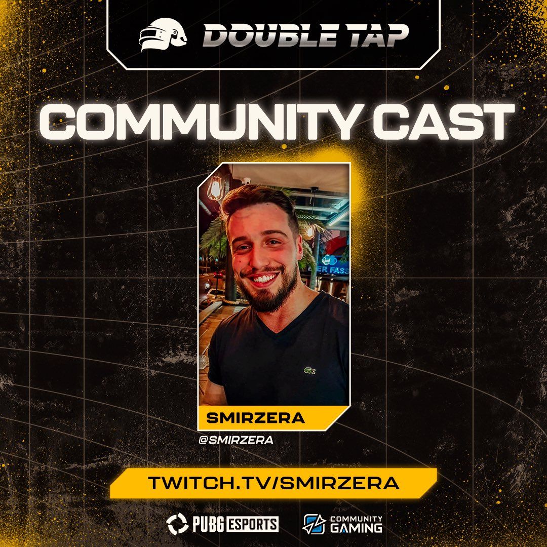 We have a Community Cast!
🏆#PUBG Double TAP🏆

Join us to watch the progress of the Double TAP groups as we approach the GRAND FINAL weekend!

Here are our co-streamers:
🎙️ <a href="/smirzera/">SMIRZERA</a>
🎙️ <a href="/BardTaen/">BardTaen</a>
🎙️ <a href="/parquimetro83/">parquimetro83</a>

Thanks to <a href="/PUBGEsports/">PUBG Esports</a> for supporting this tournament! 🫡