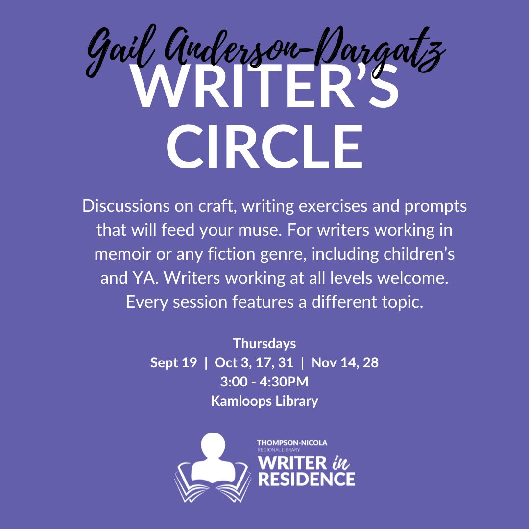AndersonDargatz's tweet photo. Tomorrow, Thursday, Oct 17, we're talking about how to develop our characters. Join us @tnrlibrary Kamloops branch from 3 to 4:30 pm. https://t.co/E3fhAPoEjN