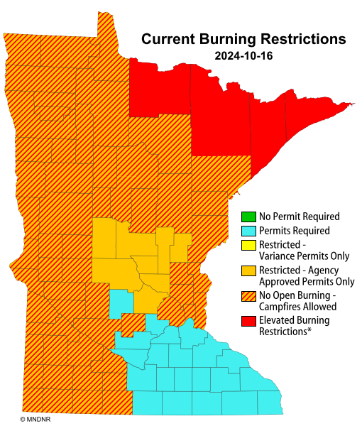We should not see any open burning tonight within Chisago County with the current restrictions. Only thing allowed are campfires that are 3x3x3 feet and smaller. Also, if you are doing a campfire you should have a reliable water source nearby to extinguish quickly and fully.