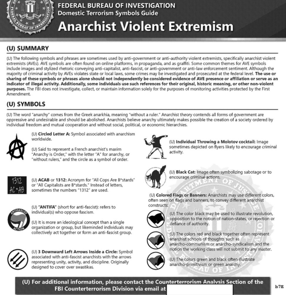 Don't forget that when Joe Biden got elected, he issued a new initiative that would declare environmental activists, anti-fascists, etc as “domestic violent extremists.”

Symbols such as “ACAB” as used to “ID extremists”

It is currently being used against #StopCopCity organizers