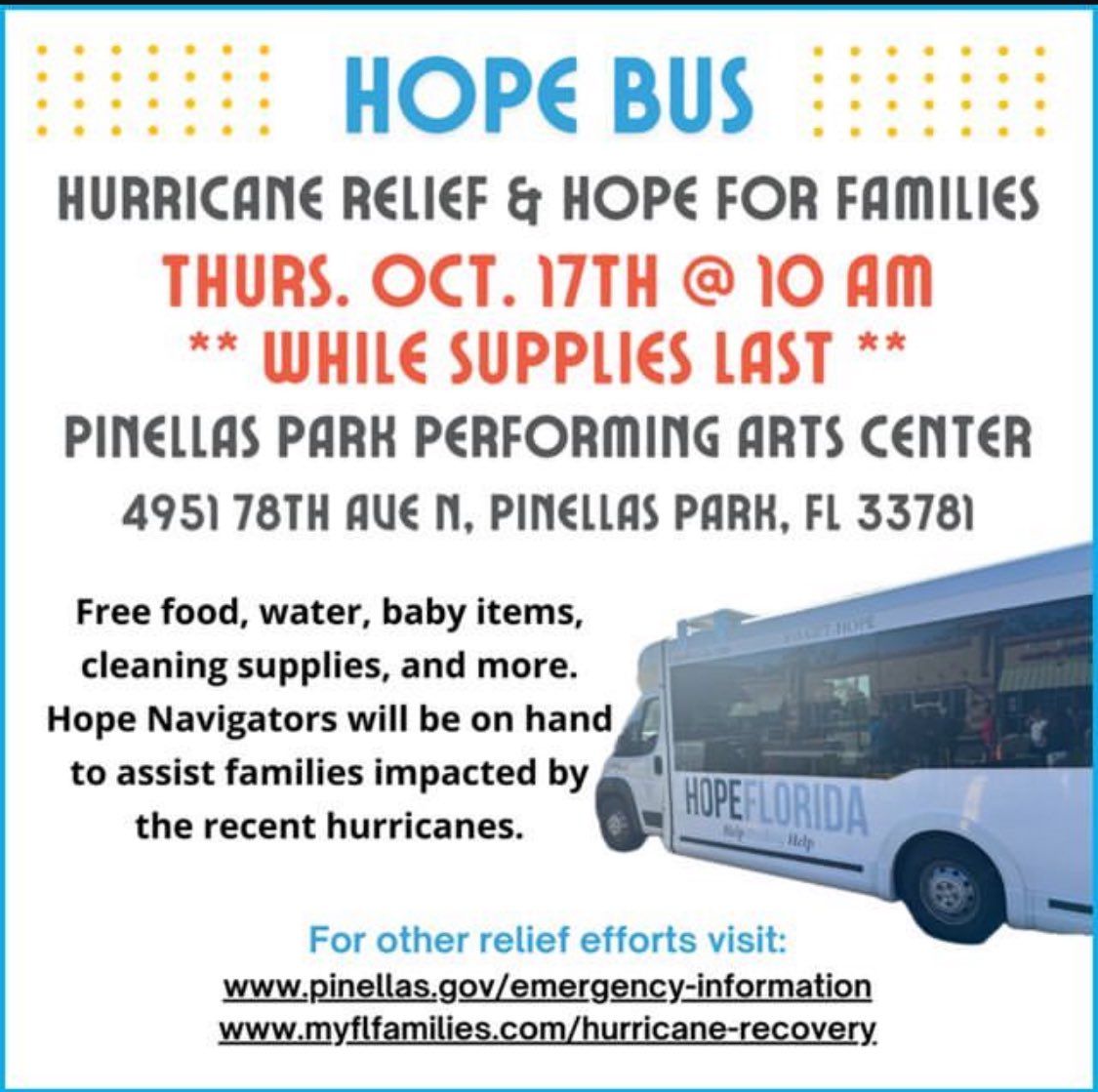 LindsayCrossFL's tweet photo. Cooper and I helped out at the Hope Bus today in Pinellas Park. They served 1,952 people today and will be back tomorrow at 10am at the Pinellas Park Performing Arts Center: 4951 78th Ave N, Pinellas Park
#hopeflorida #fdcf #fdjj #hurricanerecovery #pinellaspark https://t.co/2N0K4juxc6