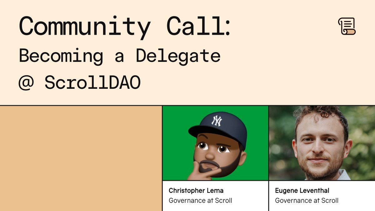 Scroll_ZKP's tweet image. Tomorrow! Join the Scroll Team for our next Community Call as we dive into the details of the Scroll DAO. 🏛️

📜 Topics We&apos;ll Cover:
• Introduction to Scroll DAO
• Understanding the role of a delegate
• Overview of the Co-Creation Cycle
• Open Q&amp;amp;A session

🎙 Featuring:…