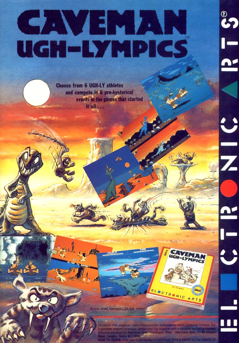 MuseumCommodore's tweet image. Caveman Ugh-Lympics by Electronic Arts advertisement. The funniest game on the Commodore 64?