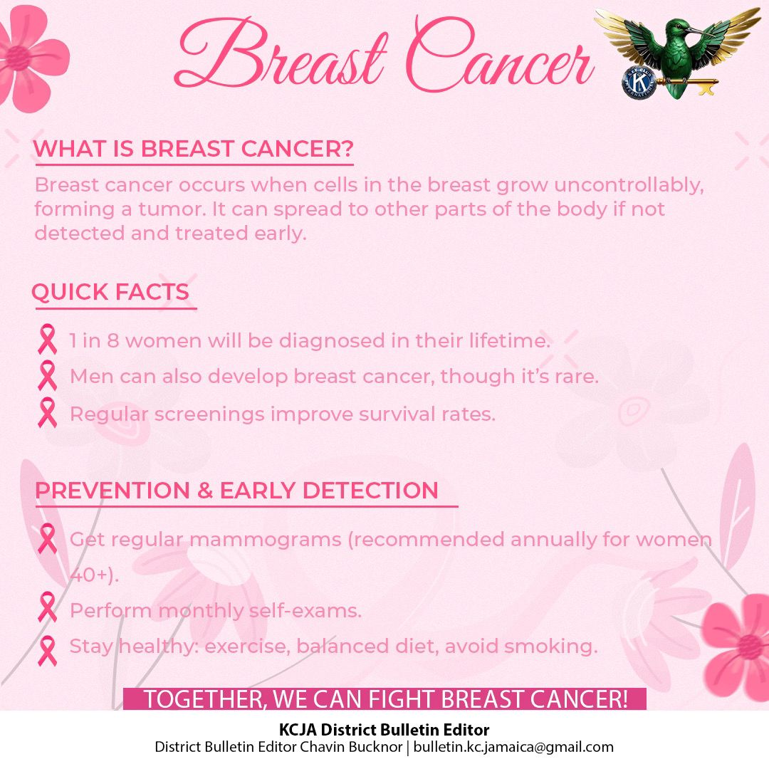 October is Breast Cancer Awareness Month!🎀💗KCJA stands strong in supporting breast cancer awareness. Swipe to learn more and join the fight!

#ThinkPink #BreastCancerAwareness #EarlyDetectionSavesLives
#keyclubjamaica #kcja #kiwanis
