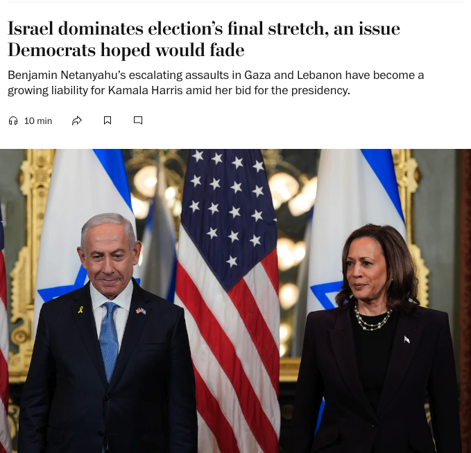 John_Hudson's tweet photo. Biden and Harris hoped the ongoing violence in the Middle East might simmer below the surface in the final weeks of the presidential race, but fresh Israeli military offensives are making that virtually impossible, U.S. officials and campaign aides say: https://t.co/8le83NGnEP