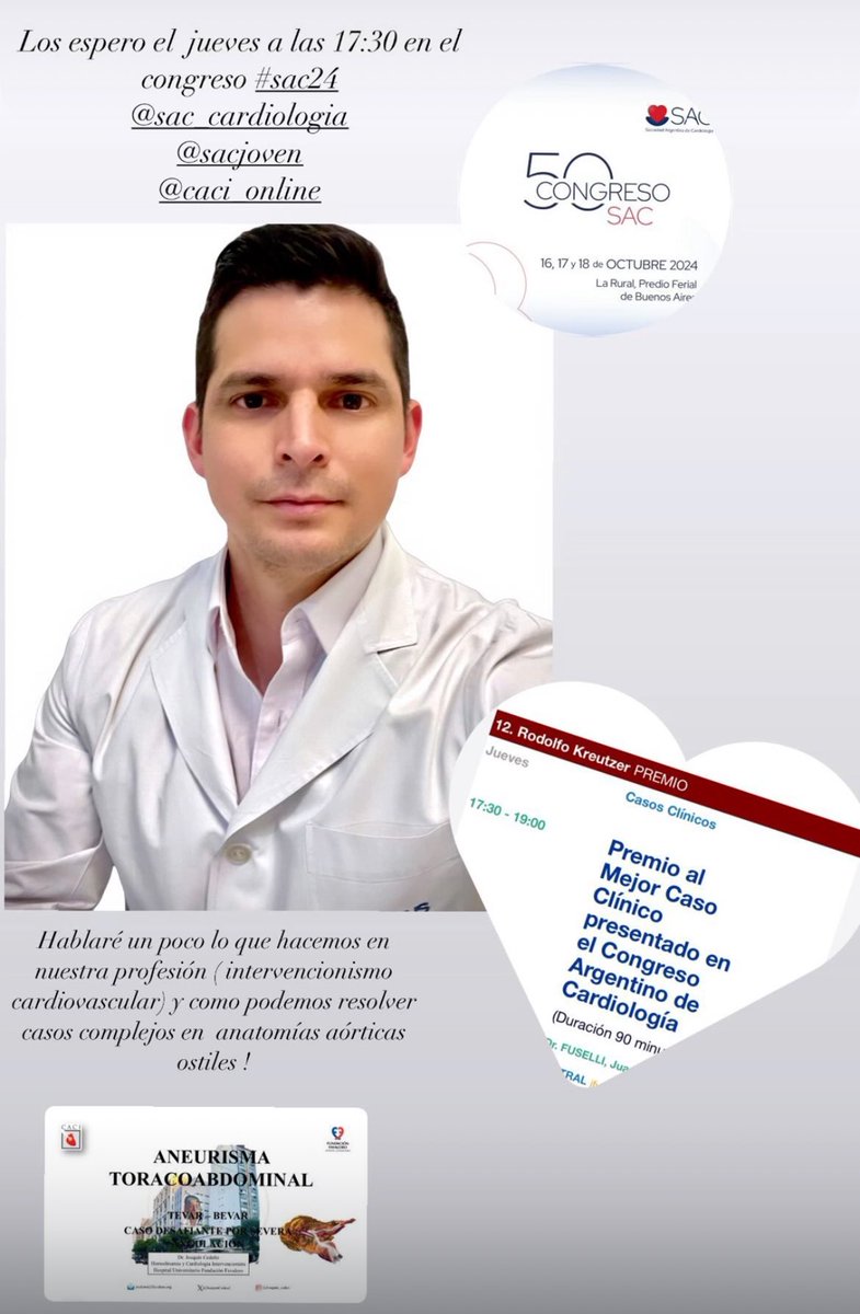Congreso #SAC24 estaré hablando de aneurismas toracoabdominales y su resolución por cateterismo! 
Los espero!!👍🏻 🗓️Jueves 17:30📌