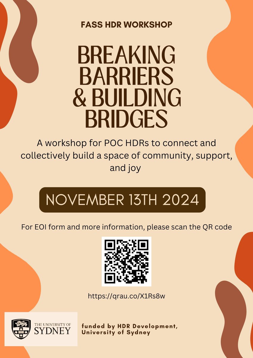 Sulagna Basu (@sulagna_basu) on Twitter photo Incredibly excited to announce this special workshop on Wed, 13th November 2024, dedicated to connecting POC HDRs across <a href="/ArtSS_Sydney/">Faculty of Arts and Social Sciences</a>. We hope to create a space of much needed community, support, & joy! 🤩 💐 <a href="/Sydney_Uni/">University of Sydney</a>
Please share widely! <a href="/ArtSS_Sydney/">Faculty of Arts and Social Sciences</a> <a href="/Sydney_Uni/">University of Sydney</a> <a href="/SSSHARC/">SSSHARC at Sydney</a> Incredibly excited to announce this special workshop on Wed, 13th November 2024, dedicated to connecting POC HDRs across <a href="/ArtSS_Sydney/">Faculty of Arts and Social Sciences</a>. We hope to create a space of much needed community, support, & joy! 🤩 💐 <a href="/Sydney_Uni/">University of Sydney</a>
Please share widely! <a href="/ArtSS_Sydney/">Faculty of Arts and Social Sciences</a> <a href="/Sydney_Uni/">University of Sydney</a> <a href="/SSSHARC/">SSSHARC at Sydney</a>