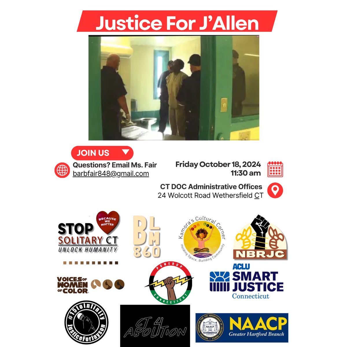 blm860's tweet photo. Join: @stopsolitaryct, BLM860, @nbrjc, @KamorasC, @POWERUPCT, @vowoc, @acluct, #JusticeForJayson, #CT4Abolition and Greater Hartford NAACP in calling for transparency and accountability for J’Allen Jones… a man who lost his life in Garner CI in 2018. Connecticut and the public deserve to know what is happening. 

According to court documents: “In the motion, Murphy (the attorney for J’Allen’s family) described the video of Jones’ death as “so disturbing that Captain Hartnett, the lead investigator for Department of Corrections, believes releasing the video would pose a safety and security concern to the Department of Corrections because the general public ‘would be’ ‘inflamed’ and ‘incensed’ by the video,” according to statements Murphy cited in Hartnett’s deposition.”

#JusticeForJAllenJones 
#JusticeForJAllen

Inbox if your organization would like to sign on. Inbox the logo while you’re at it.