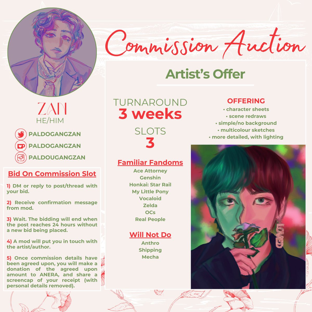 💚Commission Auction for Palestinian Relief Funds💚

Today, we're auctioning off the first of two commission slots from the talented <a href="/paldogangzan/">zan! 🌺</a>!

🍉Bidding starts at $3 USD
🍉Place new bids at any time
🍉View the latest bid at: tinyurl.com/htlbid
⬇️Bidding Instructions⬇️