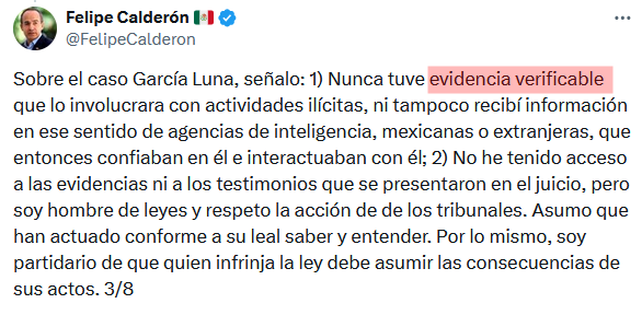 TRADUCCIÓN de Felipe Calderón sobre sentencia a Genaro García Luna a 38 años por narco:

"Mientras me entretenían con bacachos, siempre vi a Genaro echándose el wiskito con el Mayo Zambada y el Chapo Guzmán, pero como eso para mí no es evidencia, nunca tuve evidencia verificable"