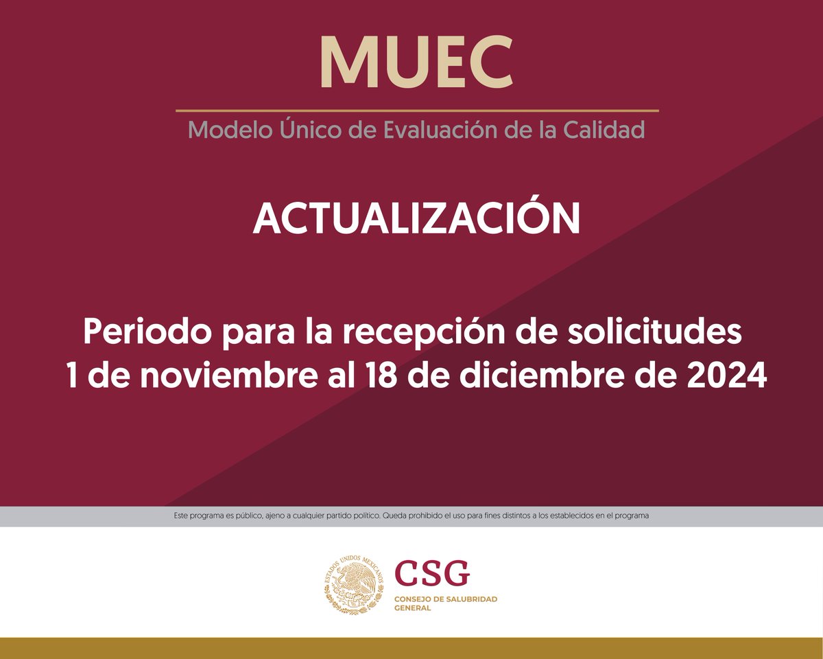 DeSalubridad's tweet photo. ❗️Atención Establecimientos de Atención Médica❗️

🗓️Del 1 de noviembre al 18 de diciembre de 2024, se recibirán las solicitudes para el #REGISTRO al #MUEC

Conoce más sobre el Modelo Único de Evaluación de la Calidad en ➡️https://t.co/fKtSk8H3eT https://t.co/l7sdzErSXR