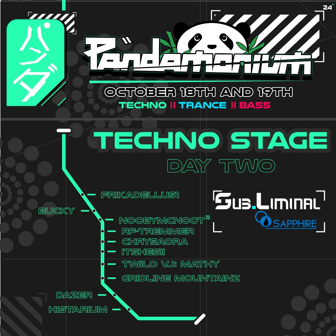 Now Announcing: Pandamonium- Techno Stage Day Two Lineup! Starting Saturday Oct 19th at 2pm CST   Join the Synthetica group! vrc.group/SYNTH.1607