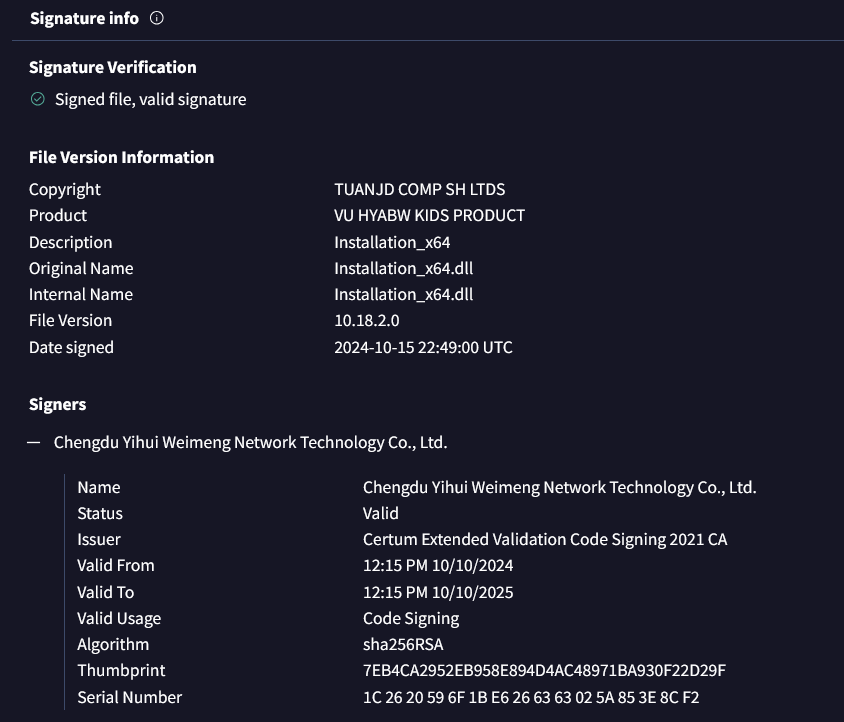 Another one revoked for #JohnWalkerTexasLoader
They changed some stuff to circumvent the Yara rule but we took care of that 😅

Files:
3f588c1b32a793a6d4e9a00aa1d797e1
229b802b7996f202742b0527a0f928e4
3424cb687a4522ad6b09a46e99e8cca8
86839166dbf99482daa7ccf15f062676