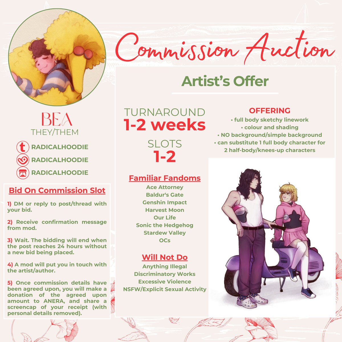 💚Commission Auction for Palestinian Relief Funds💚

We're auctioning off the first of two commission slots from the talented <a href="/radicalhoodie/">bea</a>!

🍉Bidding starts at $3 USD
🍉Place a new bid at any time
🍉View the latest bid at: tinyurl.com/htlbid
⬇️Bidding Instructions⬇️