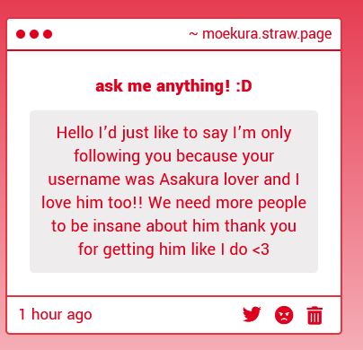 kheerken's tweet photo. AAAAA THIS MADE ME SO HAPPY OMFG I LVOE ASAKURA SOOOOOOOO MUCH AND IM SO GLAD THERES MORE OF US OUT THERE ............ HE MEANS THE WORLD TO ME https://t.co/5XgpVJzpsO