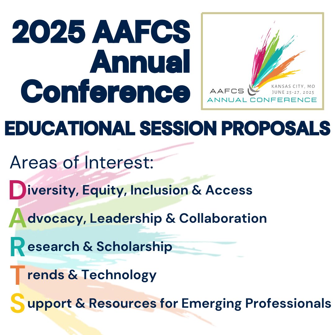 aafcs's tweet photo. Submit your Educational Session Proposals for the 2025 AAFCS Annual Conference!
Weโre looking for dynamic sessions in the areas of D.A.R.T.S. ๐ฏ Share your expertise and submit now!
Learn more: https://t.co/IY20XMchy0
#AAFCS #FCS #EducationalSessions #DARTS #AAFCSAC24 https://t.co/CXRtJfks7F