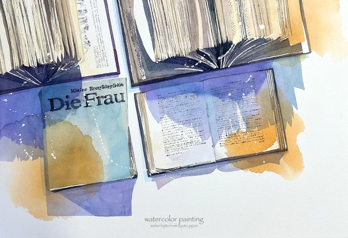 とっても古い本。で本番。#Watercolor #水彩画 #透明水彩 #京都水彩画塾  #水彩画ワークショップ  #水彩画教室  #京都の絵画教室  #京都 #藤田わへい 