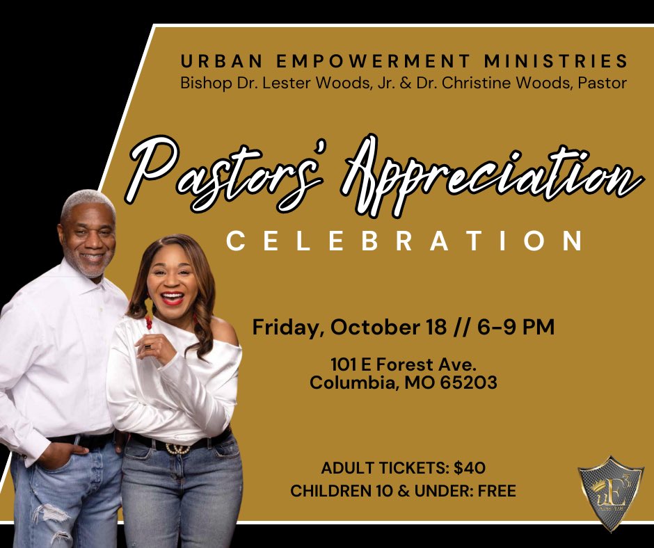 The uE Pre-Homecoming Pastors Appreciation Celebration is almost here!  Join us for an unforgettable evening with Comedian Angela Whitman and a live DJ!

Dress code: Business Casual - Black, gold and cream attire.

RSVP to reserve your spot: ue3ministries.churchcenter.com/registrations/…