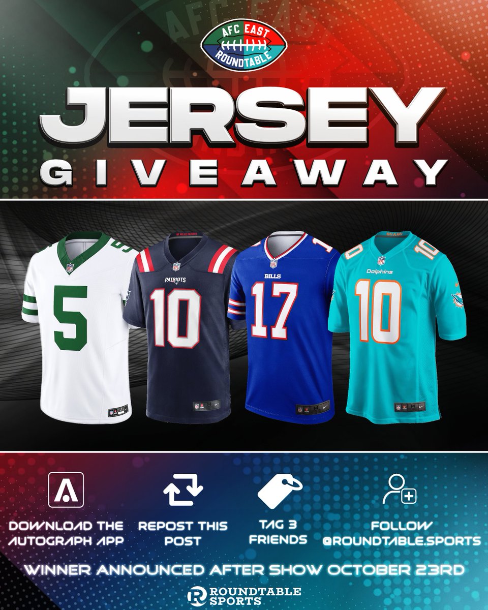 RoundtableSN's tweet photo. AFC EAST ROUNDTABLE JERSEY GIVEAWAY

HERE IS HOW YOU ENTER TO WIN:

- Download the Autograph App and use the Code RTS when you make your account: https://t.co/IPMbCkknr8

- Repost this Tweet

- Tag 3 Friends

- Follow @RoundtableSN https://t.co/Ccc53DBLLM