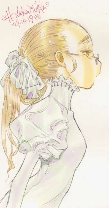 試し描きその5です。この色合いで塗ったらなぜかうまくスキャナーで拾えなかったのでちょっと調整…。その4と5に入ってるサインの日付がちょっと先なのは、どーせなら読者プレゼントのご依頼のぶんに回そうと、送る予定の日の日付にしてるからです。 