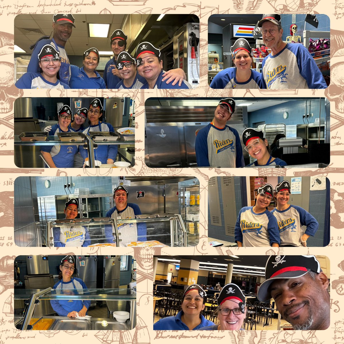 CRFood4U's tweet photo. These National School Lunch Week pirates know the treasure is the great people they work with! 💙💛 #NSLW24 #findyourtreasure https://t.co/qegPD2OjQo