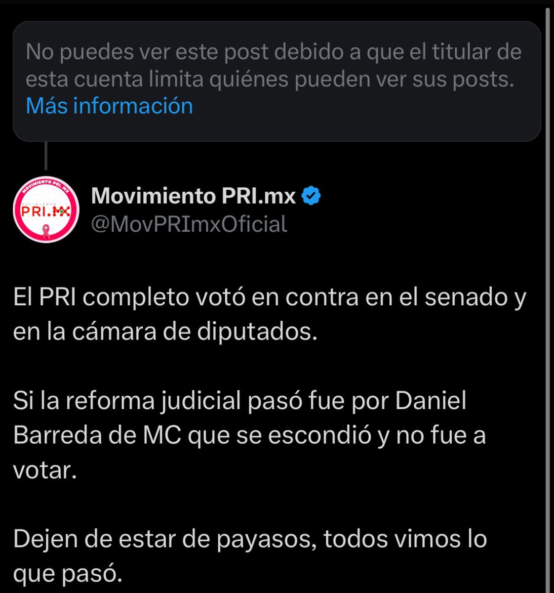Movimiento PRI.mx (@movprimxoficial) on Twitter photo A <a href="/AlvarezMaynez/">Jorge Álvarez Máynez</a> no le gusta que le echen la verdad en cara y bloquea a quienes lo cuestionan.
Es un cobarde y un sinvergüenza.
A nosotros no se nos olvida que el Senador Daniel Barreda de MC fue clave para que Morena aprobara la reforma judicial. A <a href="/AlvarezMaynez/">Jorge Álvarez Máynez</a> no le gusta que le echen la verdad en cara y bloquea a quienes lo cuestionan.
Es un cobarde y un sinvergüenza.
A nosotros no se nos olvida que el Senador Daniel Barreda de MC fue clave para que Morena aprobara la reforma judicial.