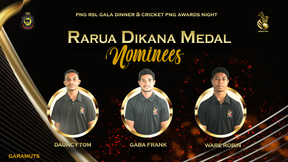 🎉CRICKET PNG AWARDS📣

🎖🎖🎖RARUA DIKANA MEDAL NOMINEES

The Winner will be announced on 18th of October 2024 at the PNG RSL Gala Dinner &amp; Cricket PNG Awards Night 

#awardnight #kaiaaruamedal #nominees #cricketpng #galadinner #cricketpngawardsnight