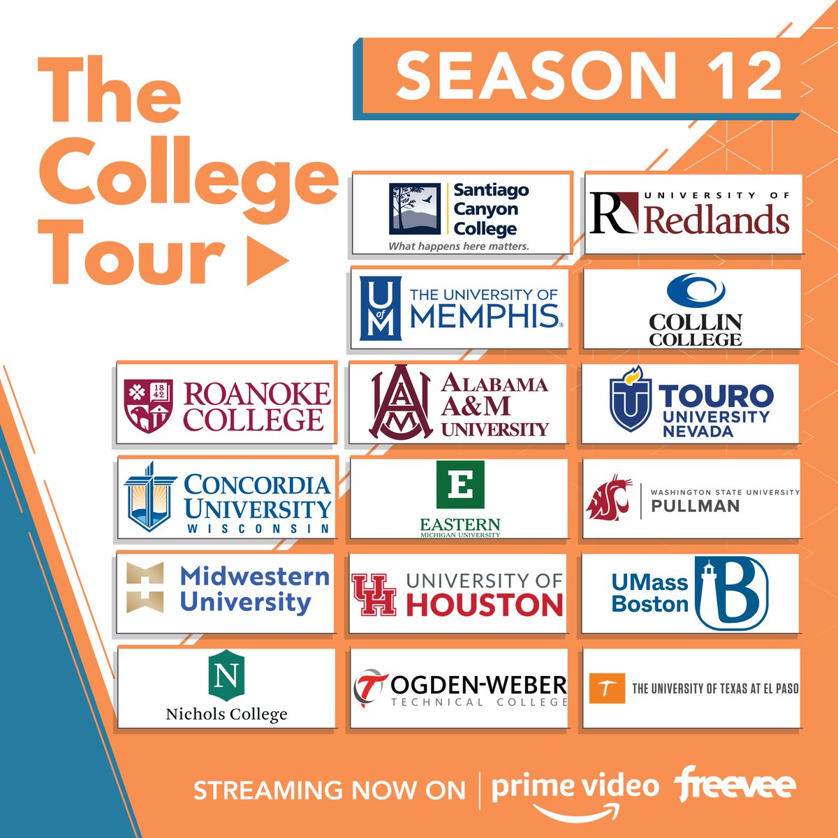 🧡🎬Season 12 Now Live 🎬🧡

Check out <a href="/SantiagoCanyon/">Santiago Canyon College</a> <a href="/UofRedlands/">University of Redlands</a> <a href="/uofmemphis/">University of Memphis</a>  <a href="/collincollege/">Collin College</a> <a href="/RoanokeCollege/">Roanoke College</a>  <a href="/aamuedu/">Alabama A&M University</a> @TouroNevada <a href="/CUWisconsin/">Concordia University Wisconsin</a> <a href="/EasternMichU/">Eastern Michigan</a> <a href="/WSUPullman/">WSU Pullman</a> <a href="/MidwesternUniv/">Midwestern University</a> <a href="/UHouston/">University of Houston</a> <a href="/UMassBoston/">UMass Boston</a> <a href="/Nichols_College/">Nichols College</a> <a href="/OgdenWeberTech/">Ogden-Weber Technical College</a>  <a href="/UTEP/">UTEP</a> 

amazon.com/gp/video/detai…