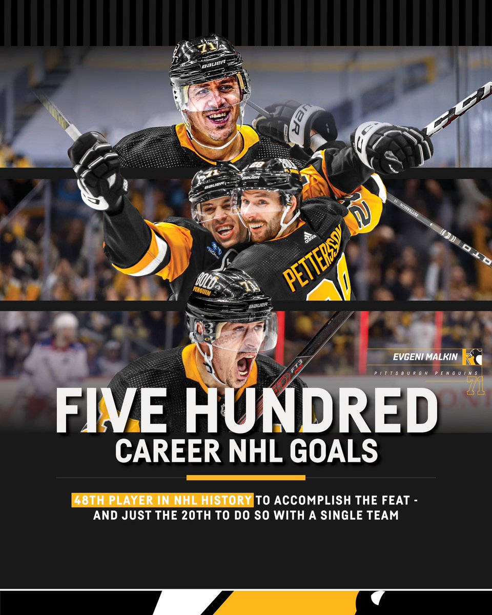 PenguinsPR's tweet photo. 500 GENOS! 🚨

Evgeni Malkin becomes the 48th player in NHL history to score 500 career goals - and just the 20th to do so with a single team. https://t.co/s8hnol0FEO
