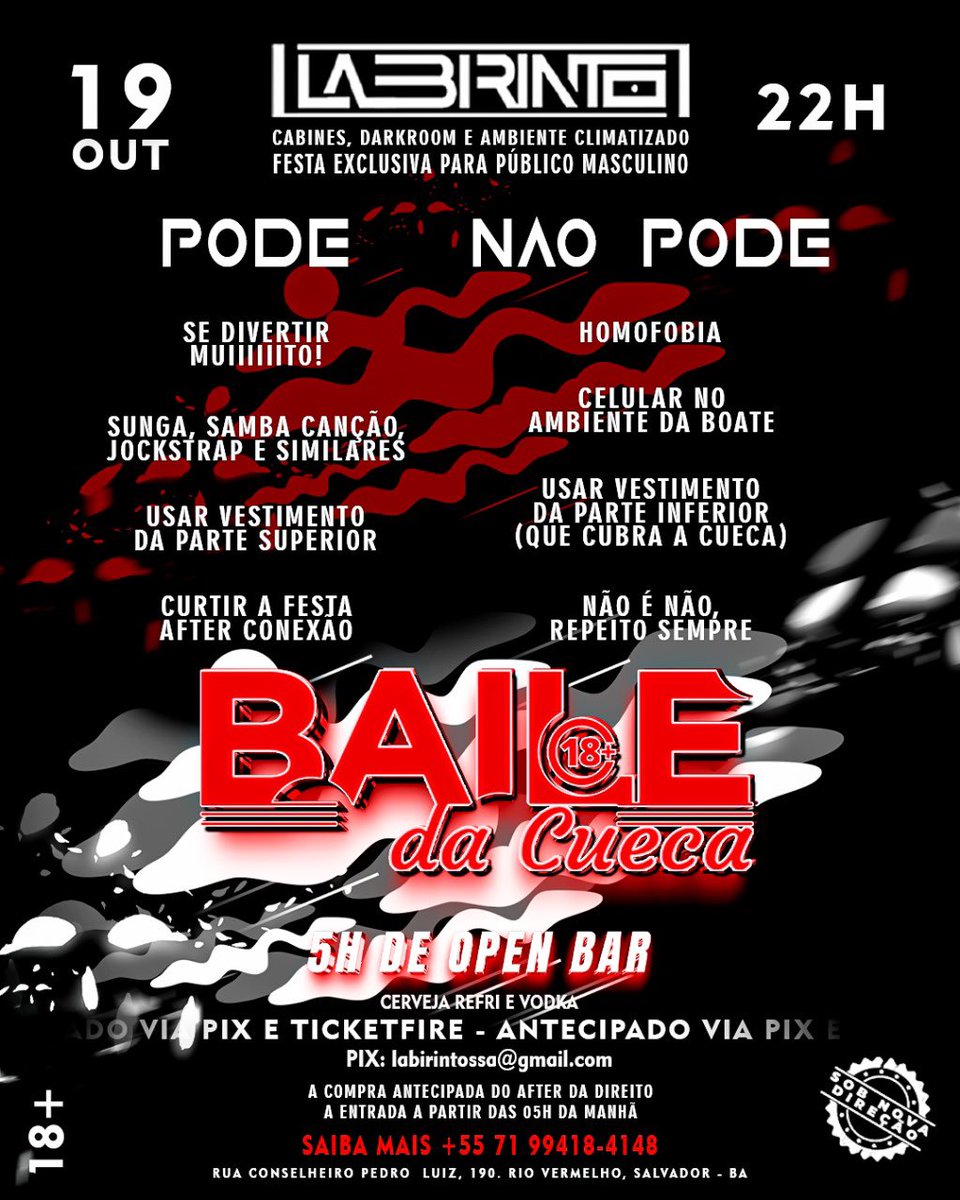 labirintossa's tweet photo. Se liga no que PODE &amp; NÃO PODE  no nosso BAILE nesse sábado 19/10!  São 5H de OPEN, das 22h as 03 com muita música e diversão pra todo mundo e de com o combo que após o BAILE DA CUECA tem o AFTER CONEXÃO.

💥 Antecipe seu ingresso:

https://t.co/eYO65N9CJb https://t.co/6G2LSgHoaS