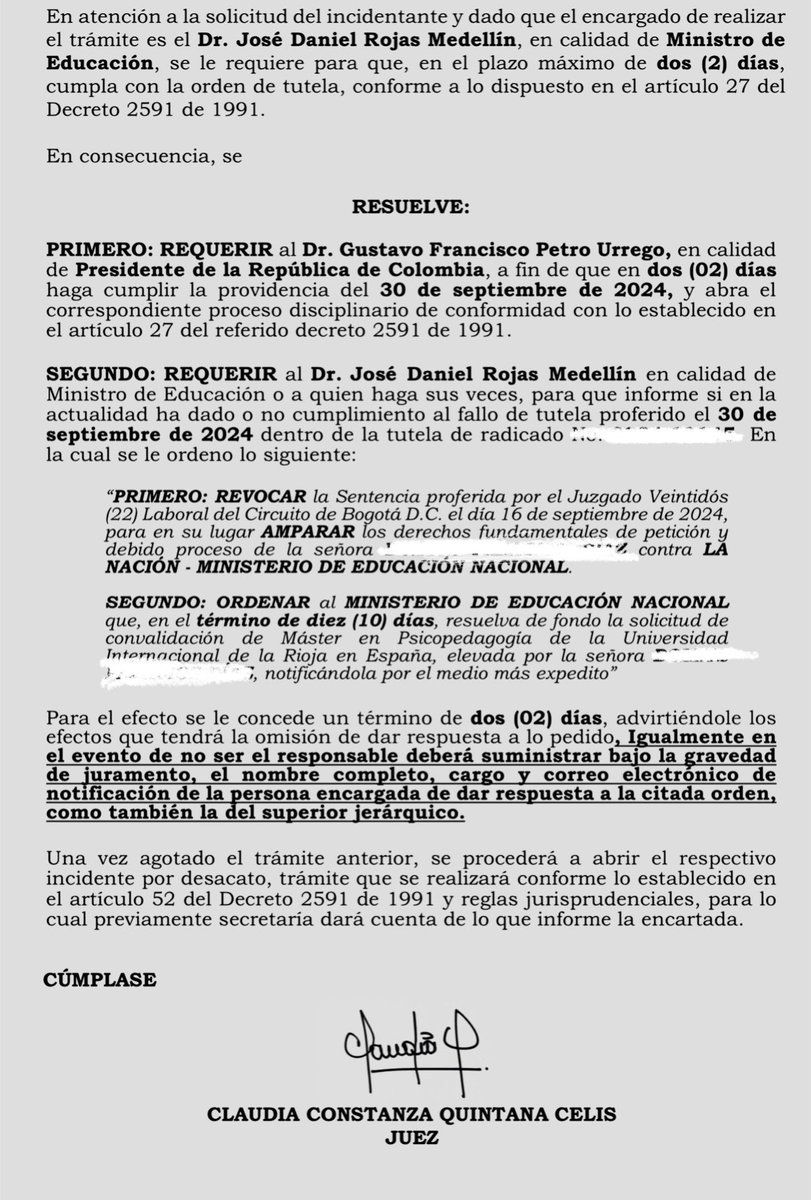 Yeison920315's tweet photo. @petrogustavo y @DanielRMed Fueron
notificados por el Tribunal Superior de Bogotá por desacato en los tiempos de convalidación de los títulos de educación superior.
#convalidacionesya @NoticiasRCN
@VickyDavilaH @NoticiasCaracol @Mineducacion https://t.co/vEgnlxrqvU