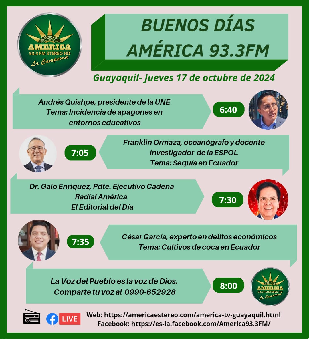 fimcmespol's tweet image. 📅 ¡Mañana! No te pierdas la entrevista del Ph. D. Franklin Ormaza, docente e investigador de la FIMCM-ESPOL, en @America933Fm , hablaremos sobre "La sequía en Ecuador". 🌎💧
📻 Sintoniza: facebook.com/America93.3FM/…
#FIMCM #ESPOL #SEQUÍAS 🌞📡