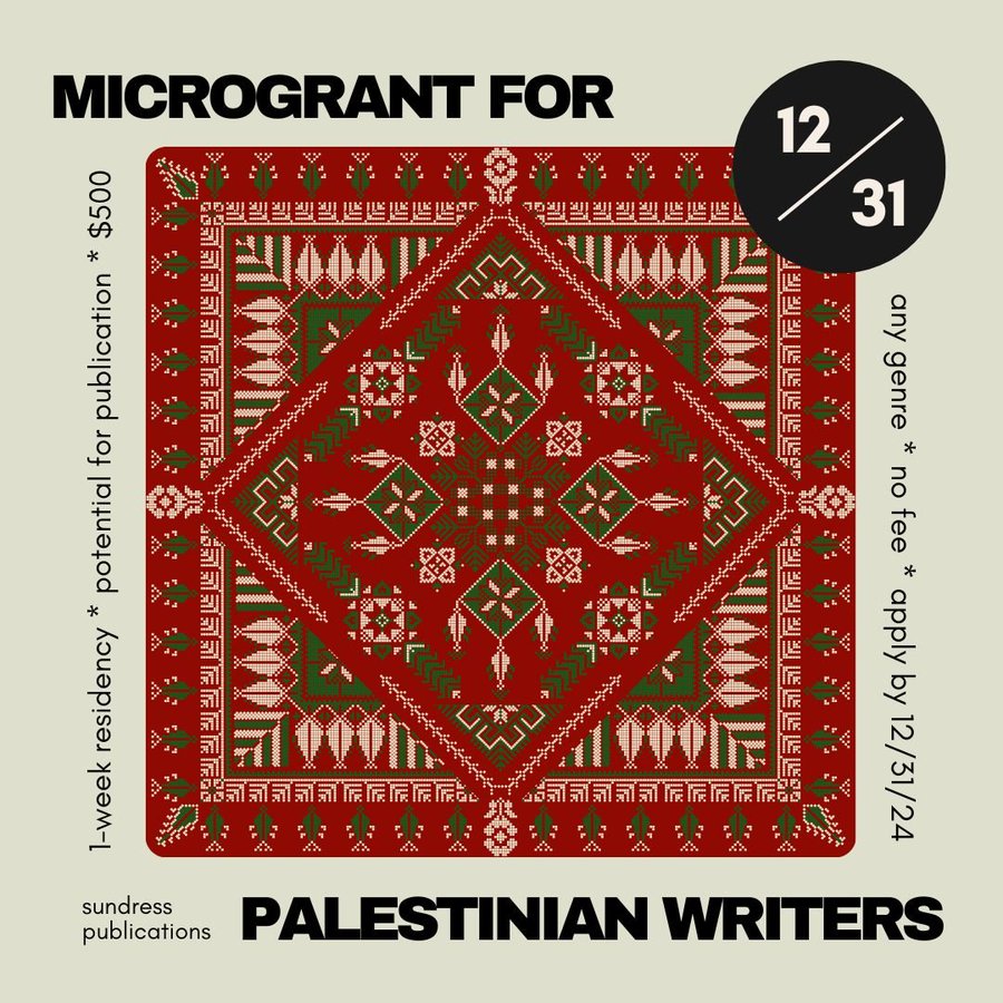 LaurelLynnLeake's tweet photo. CALLING ALL PALESTINIAN WRITERS! A $500 microgrant & 1-week residency with no fee to enter, all genres welcome. Non-Palestinians, let's spread the word!
(Reposting with alt text for accessibility #AltText4Palestine #AltTextForPalestine) https://t.co/ydQLBn3XRP