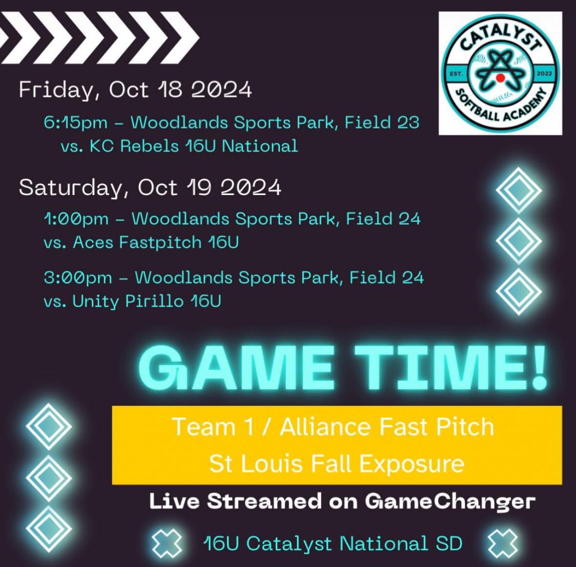 Excited to play in the Team 1 Alliance Fast Pitch Fall Tournament this weekend Oct 18-20 in St. Louis! Game time and locations below come and watch some games!

<a href="/KristinaMcSwee6/">Kristina McSweeney</a> <a href="/Coach_Piv/">Coach Piv</a> <a href="/CoachMcFalls/">Jen</a> <a href="/MRhodesSmith/">Megan Smith</a> <a href="/KateMalveaux/">Kate Malveaux</a> <a href="/CoachMalveaux/">Chris Malveaux</a> <a href="/KarenWeekly/">Karen Weekly</a>  <a href="/djgasso/">DJ Gasso</a>