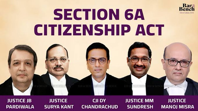 Hbarandbench's tweet photo. #VerdictAlert [अनुच्छेद 11 के तहत नागरिकता से संबंधित विशेष कानून बनाने की संसद की शक्तियों पर आज सुप्रीम कोर्ट का अहम फैसला]

नागरिकता अधिनियम, 1955 की धारा 6ए की वैधता पर पांच न्यायाधीशों की संविधान पीठ फैसला सुनाएगी

#SupremeCourt #CitizenshipAct https://t.co/hO6PbFE6En