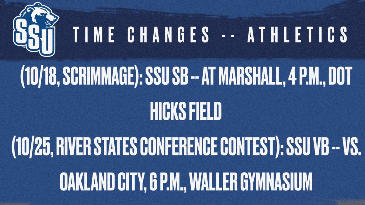 Peep the time changes!

Softball moves up 2 hours from its original start time against Marshall -- now at 4 p.m. Friday at Dot Hicks Field!

Volleyball moves up 1 hour from its original start time against Oakland City -- now at 6 p.m. next Friday here at Waller Gymnasium!