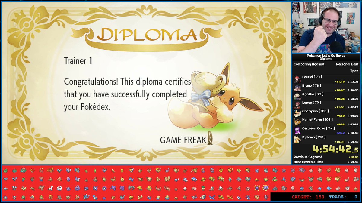 Another very solid run with <a href="/eddaket/">eddaket</a> as my Let's Go Diploma Speedrun partner today! My Pinsir catch was terribly slow, but we still got a 4:54. I genuinely feel I have the skill to push for World Record in this category... just need a slice of luck now!