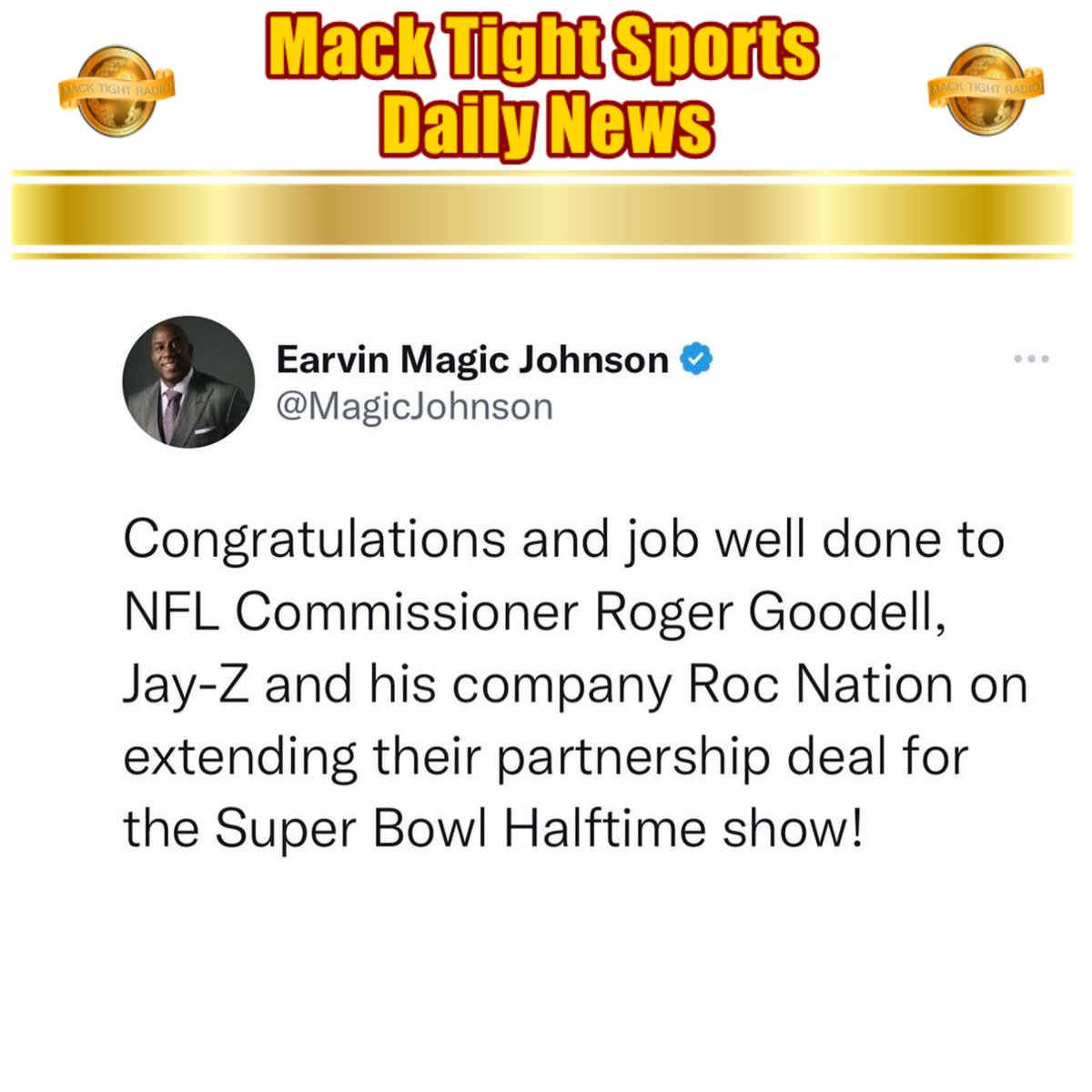 MackTightRadio's tweet image. #MagicJohnson speaks on the #NFL extending their partnership with #RocNation ❌ #JayZ for the #SuperBowl 👀 - #MackTightRadio 📻 #Ready2LearnShow 🧐 [Watch #MackTightTV On #RokuTV ❌ #FireTV On Channel #MackTight ❌ LISTEN TO Mack Tight Radio on macktightentertainment.com]