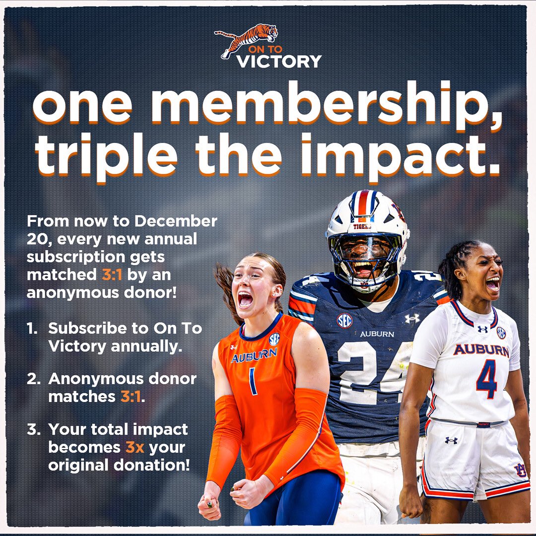 Your impact is 3x stronger with our matching program. From now until December 20th, we can reach up to $1 million for Auburn student-athletes like me!