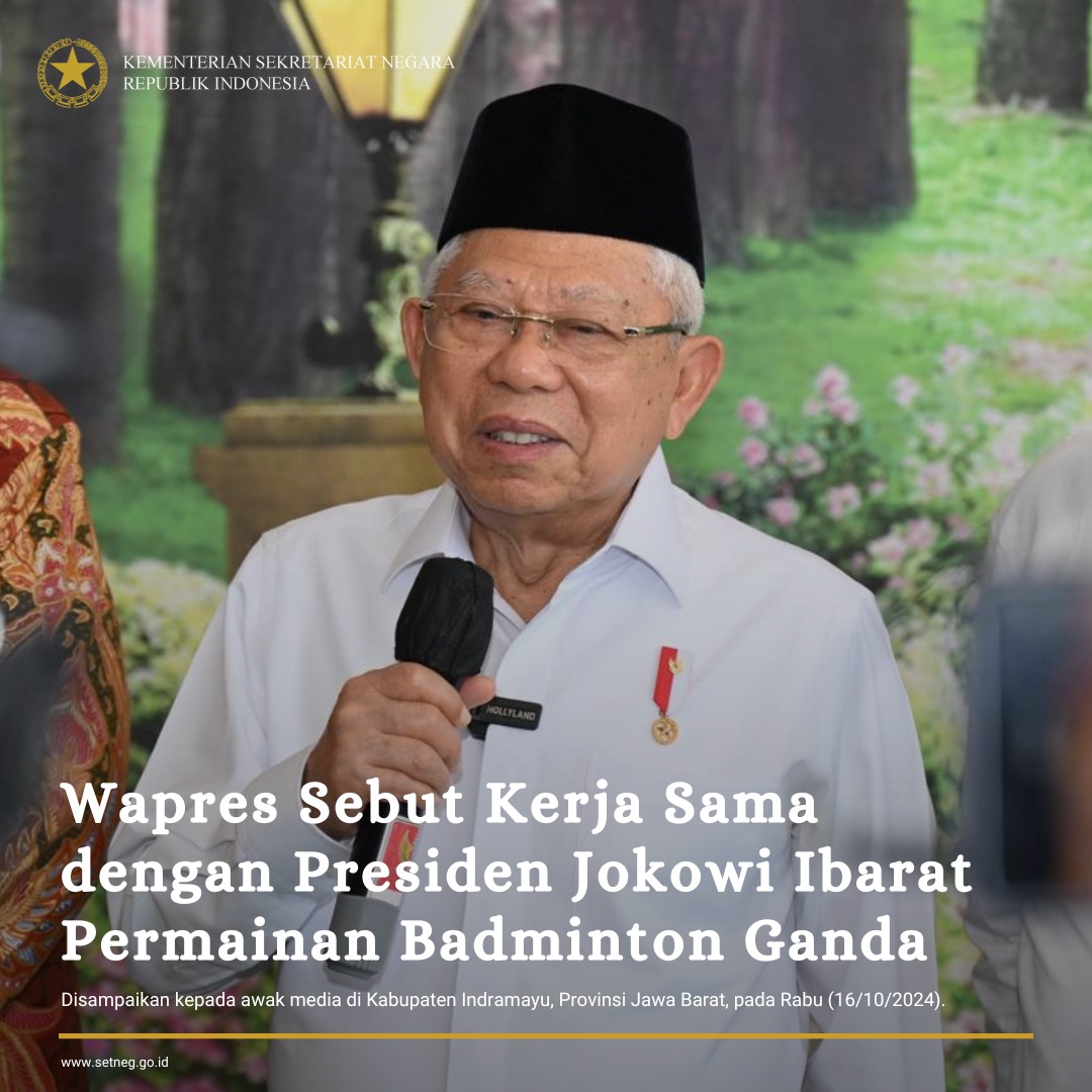 1. Menjelang berakhirnya masa jabatan periode 2019 – 2024, Wakil Presiden (Wapres) K.H. Ma'ruf Amin berbagi kesan mendampingi Presiden Joko Widodo selama lima tahun terakhir. 

#KemensetnegRI
#RilisWakilPresiden