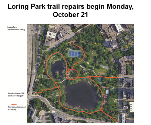 Loring Park is getting a makeover starting next week. This includes the trails being repaved 10/21 through 11/1. Contractors will be working on a project to repair and rehabilitate about half of the trails in Loring Park. 
Loring Park will be open throughout the project.