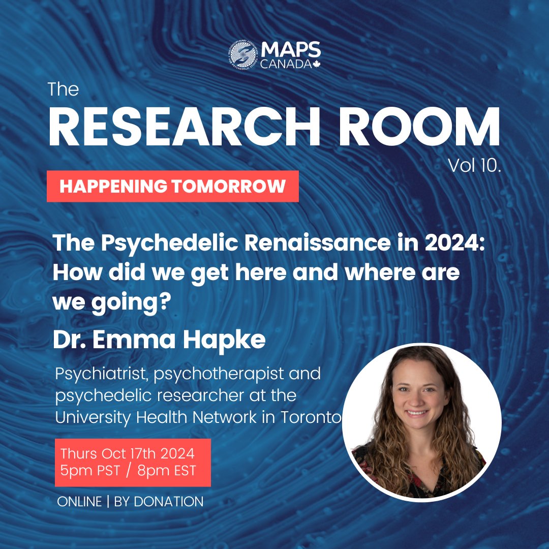 TOMORROW!✨ Join our Research Room on Thursday 17th of October for a presentation into The Psychedelic Renaissance in 2024: How did we get here and where are we going? with expert Dr. Emma Hapke. Sign up here: shorturl.at/OLTG3 by donation