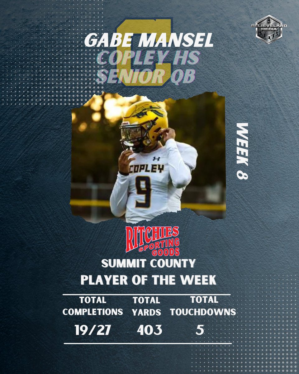 SmallTowneMedia's tweet photo. Congrats to our Week 8 Ritchies Sporting Goods Summit County Player of the Week, Gabe Mansel (@gmansel11) of the Copley Indians! Mansel was 19/27 for 403 yards &amp; 5 TD's vs Barberton. https://t.co/GuHe7ZkumV