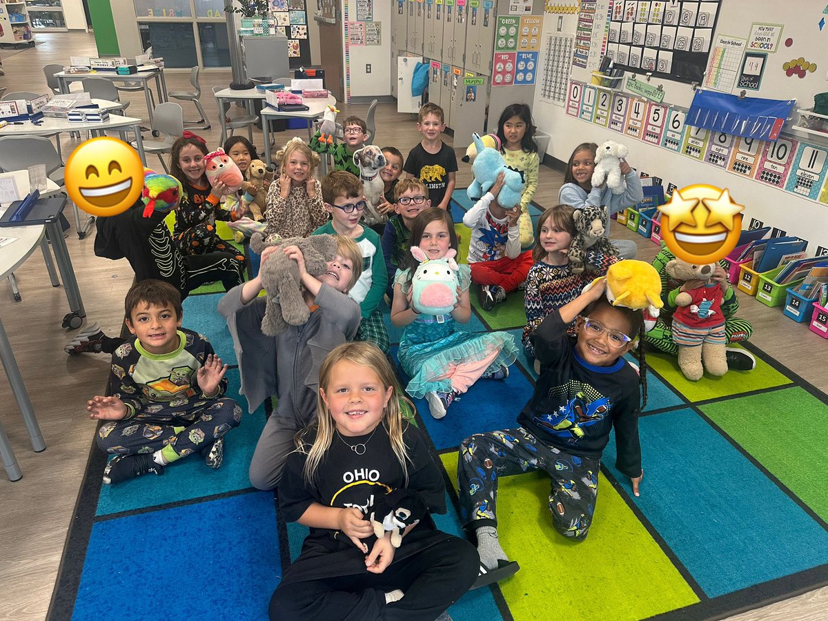 kwithmrsbrown's tweet photo. The firsties earned a class celebration! We had a fun and comfy day in our pajamas and favorite cuddle buddies!  #greensviewlions #firstgrade https://t.co/kPZtuzrHmv