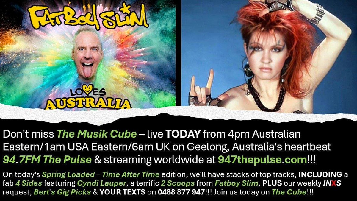 TheMusikCube's tweet photo. #TheMusikCube live TODAY from 4pm Aussie Eastern/1am USA Eastern/6am UK on @947ThePulse &amp; worldwide at https://t.co/ISBmoYDpX3 &amp; via the #CommunityRadioPlus &amp; @TuneIn apps!
#SpringLoaded - #TimeAfterTime edition.
#4Sides - #CyndiLauper.
#2Scoops - @FatboySlim.
Text: 0488 877 947! https://t.co/oTxMpdzgMo