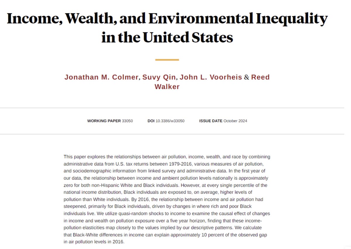 Jonathan Colmer (@jonathancolmer) on Twitter photo #EconTwitter I'm very excited to present our new working paper (nber.org/papers/w33050) at <a href="/BrownUniversity/">Brown University</a> tomorrow! Thanks for hosting me! A mid-sized 🧵
TL;DR: "Racial differences in income unable to explain a meaningful share of gaps in ambient air pollution exposure." #EconTwitter I'm very excited to present our new working paper (nber.org/papers/w33050) at <a href="/BrownUniversity/">Brown University</a> tomorrow! Thanks for hosting me! A mid-sized 🧵
TL;DR: "Racial differences in income unable to explain a meaningful share of gaps in ambient air pollution exposure."