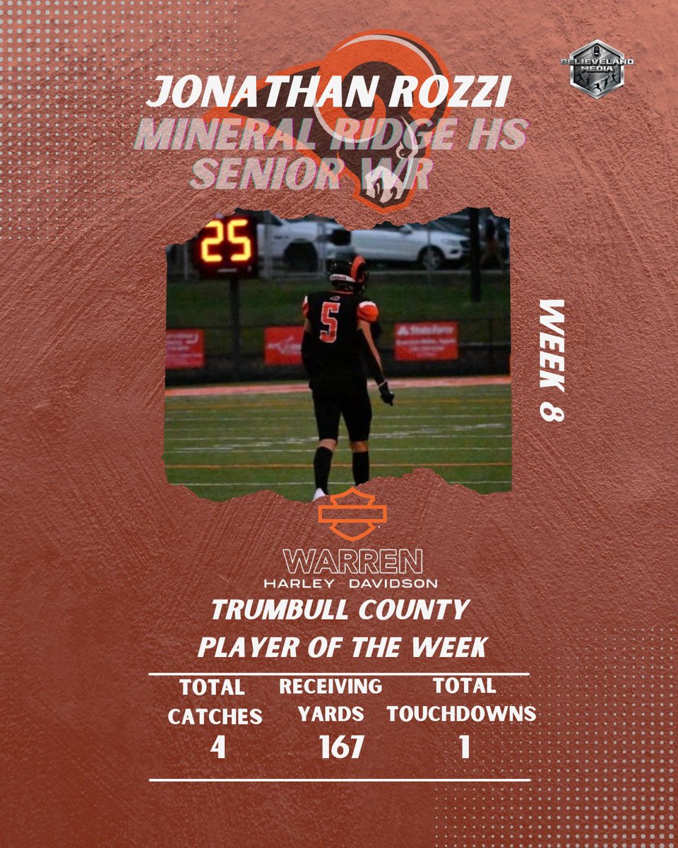 SmallTowneMedia's tweet photo. Congrats to our Week 8 Warren Harley Davidson Trumbull County Player of the Week, Jonathan Rozzi (@jrozz5) of the Mineral Ridge Rams! Rozzi had 167 yards on only 4 receptions and a TD vs Springfield. https://t.co/PiJwArmD6V